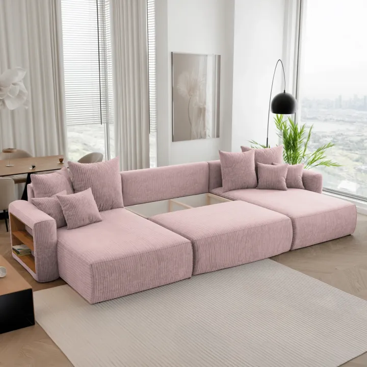 Divano letto panoramico 350x160cm velluto a coste con libreria a sinistra rosa antico Mistery