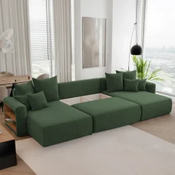 Divano letto panoramico 350x160cm velluto a coste con libreria a sinistra verde scuro Mistery