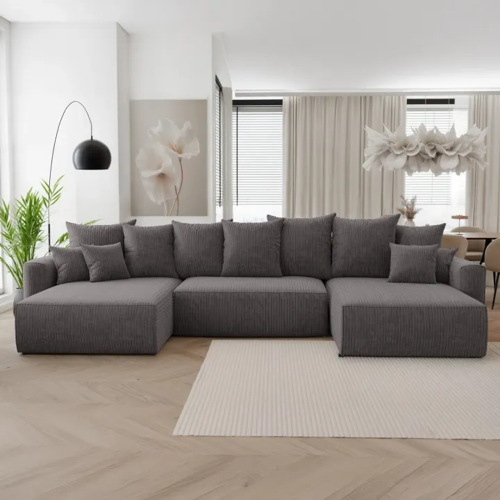 Divano letto panoramico 350x160cm velluto a coste con libreria a destra antracite Mistery