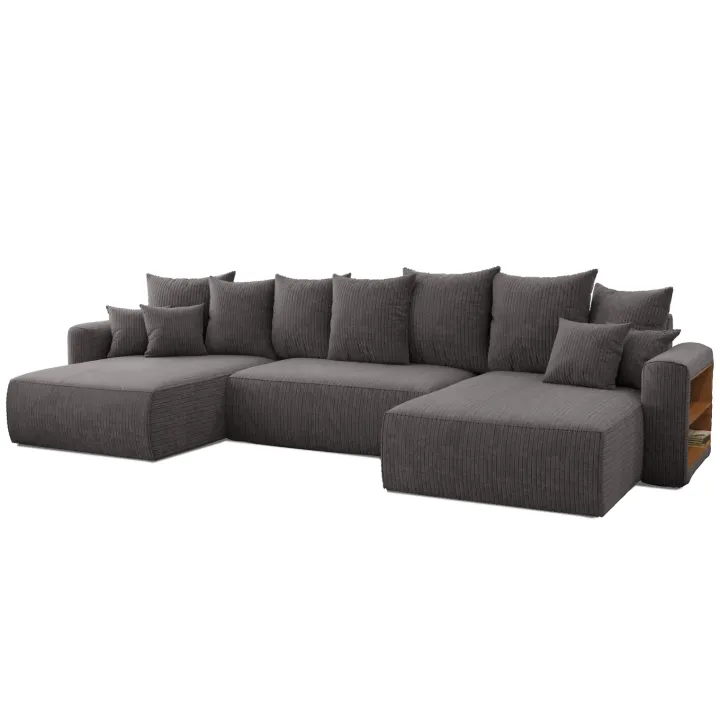 Divano letto panoramico 350x160cm velluto a coste con libreria a destra antracite Mistery