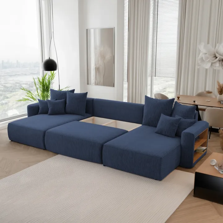 Divano letto panoramico 350x160cm velluto a coste con libreria a destra blu Mistery
