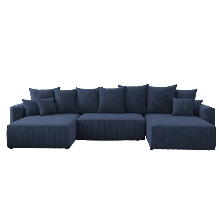 Divano letto panoramico 350x160cm velluto a coste con libreria a destra blu Mistery