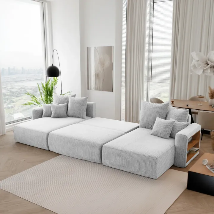 Divano letto panoramico 350x160cm velluto a coste con libreria a destra grigio chiaro Mistery