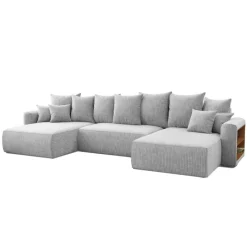Divano letto panoramico 350x160cm velluto a coste con libreria a destra grigio chiaro Mistery