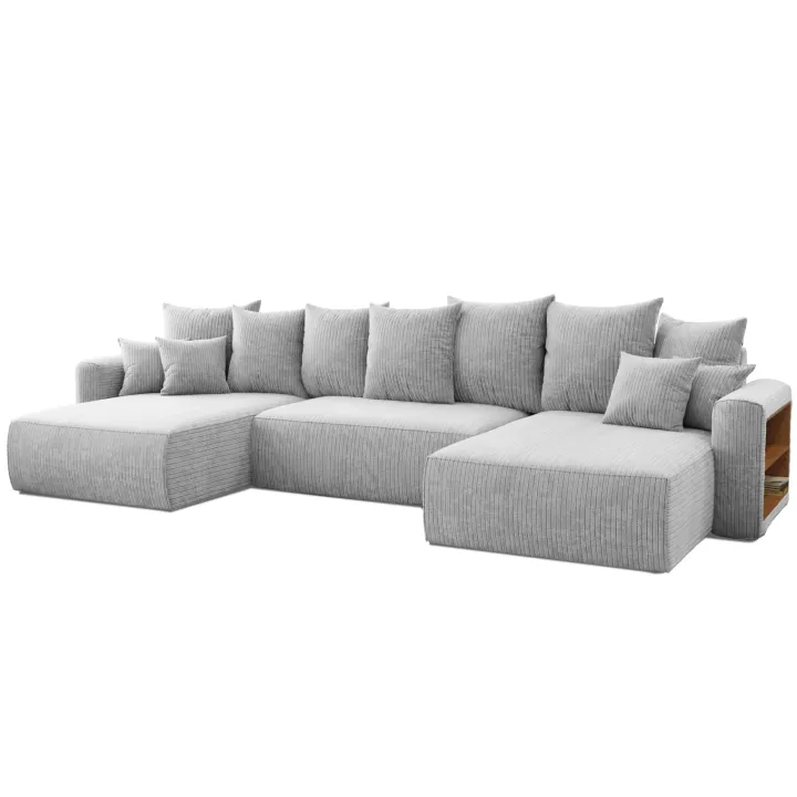 Divano letto panoramico 350x160cm velluto a coste con libreria a destra grigio chiaro Mistery