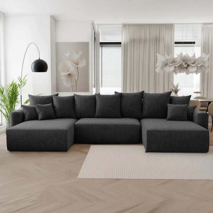 Divano letto panoramico 350x160cm velluto a coste con libreria a destra nero Mistery