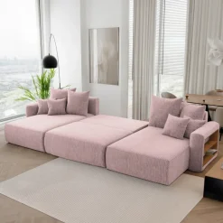 Divano letto panoramico 350x160cm velluto a coste con libreria a destra rosa antico Mistery