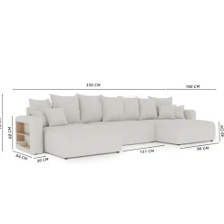 Divano letto panoramico 350x160cm velluto a coste con libreria a destra rosa antico Mistery