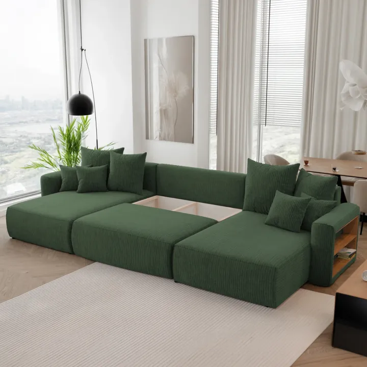 Divano letto panoramico 350x160cm velluto a coste con libreria a destra verde scuro Mistery