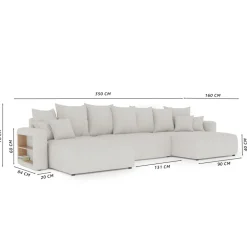 Divano letto panoramico 350x160cm velluto a coste con libreria a destra verde scuro Mistery