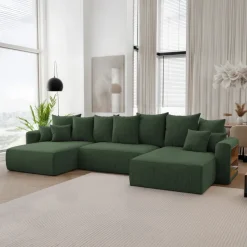 Divano letto panoramico 350x160cm velluto a coste con libreria a destra verde scuro Mistery