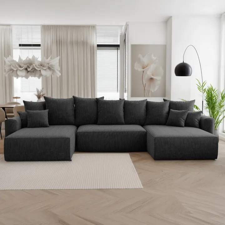 Divano letto panoramico 350x160cm velluto a coste con libreria a sinistra nero Mistery