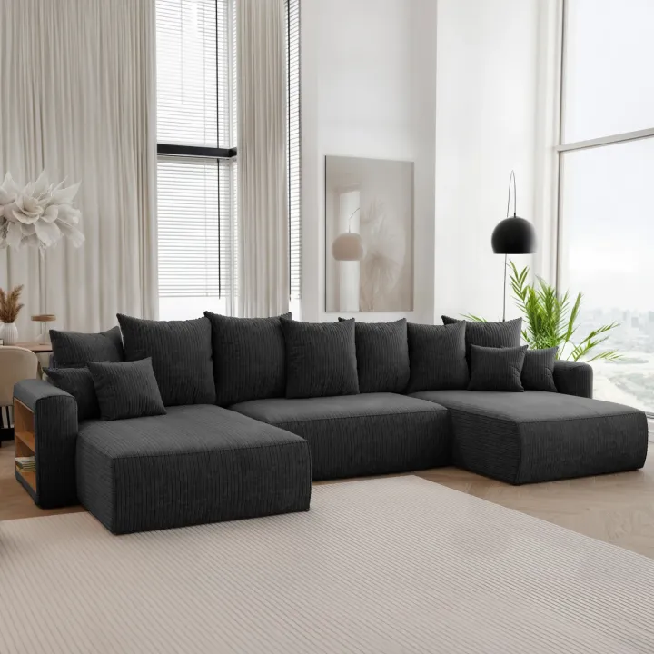 Divano letto panoramico 350x160cm velluto a coste con libreria a sinistra nero Mistery