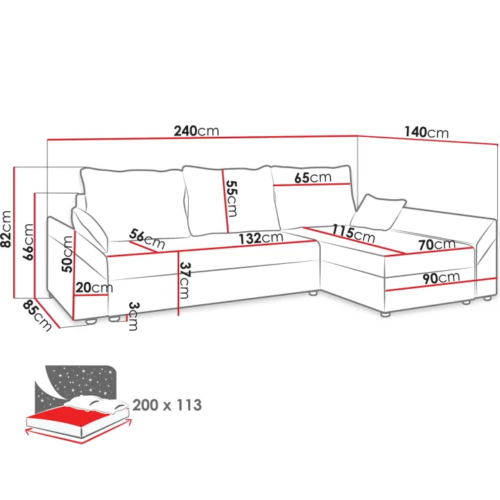 Divano letto 3 posti reversibile 240x140cm matrimoniale angolare grigio nero Appia