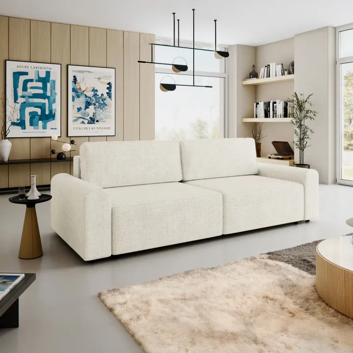 Divano letto 3 posti 240x95 cm con box contenitore a trama sottile beige Olivon