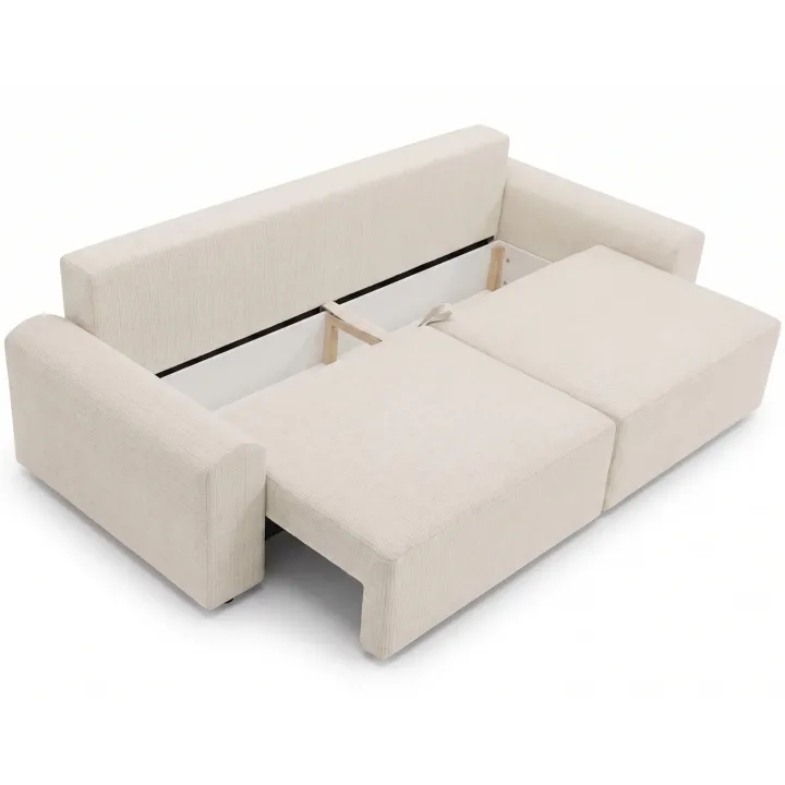 Divano letto 3 posti 240x95 cm con box contenitore a trama sottile beige Olivon