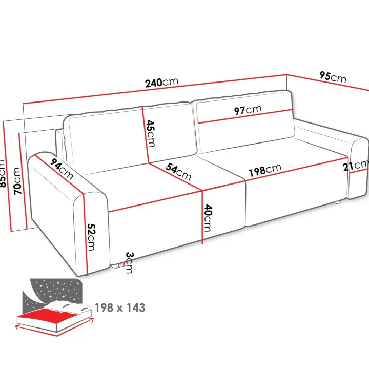 Divano letto 3 posti 240x95 cm con box contenitore a trama sottile beige Olivon