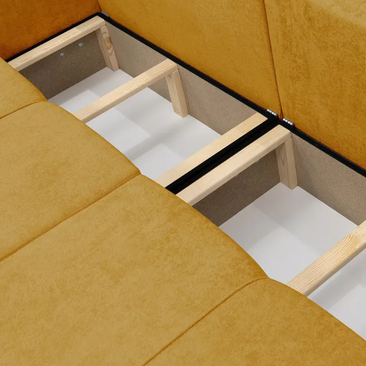 Divano letto 3 posti 248x90cm con contenitore in tessuto velo giallo senape Floty