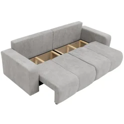 Divano letto 3 posti 248x90cm con contenitore in tessuto velo grigio chiaro Floty
