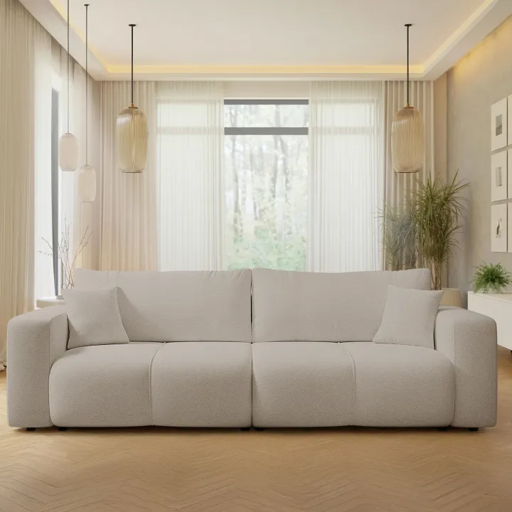 Divano letto 3 posti 248x90cm con contenitore in tessuto velo beige Floty