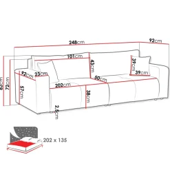Divano letto 3 posti 248x90cm con contenitore in tessuto velo rosso mattone Floty