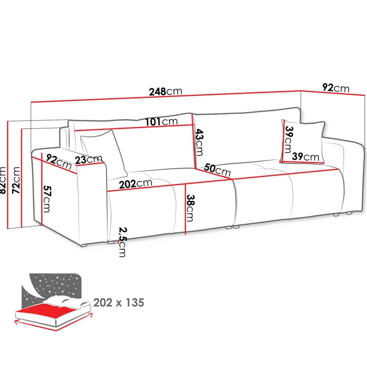 Divano letto 3 posti 248x90cm con contenitore in tessuto velo bianco Floty