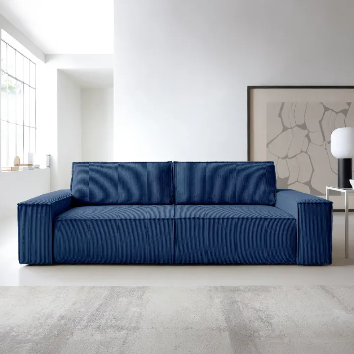 Divano letto 3 posti 257x106cm velluto a coste blu Snuggle