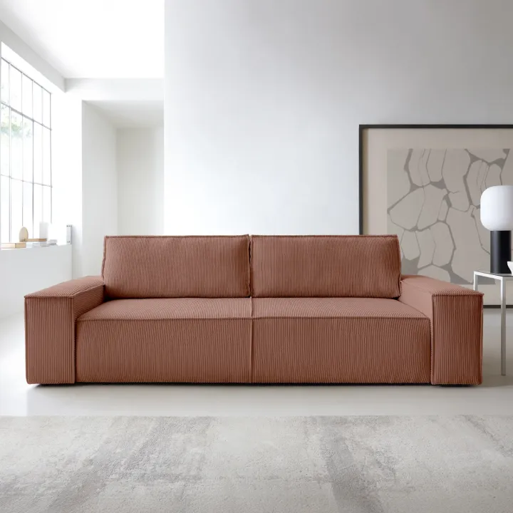 Divano letto 3 posti 257x106cm velluto a coste rosa Snuggle
