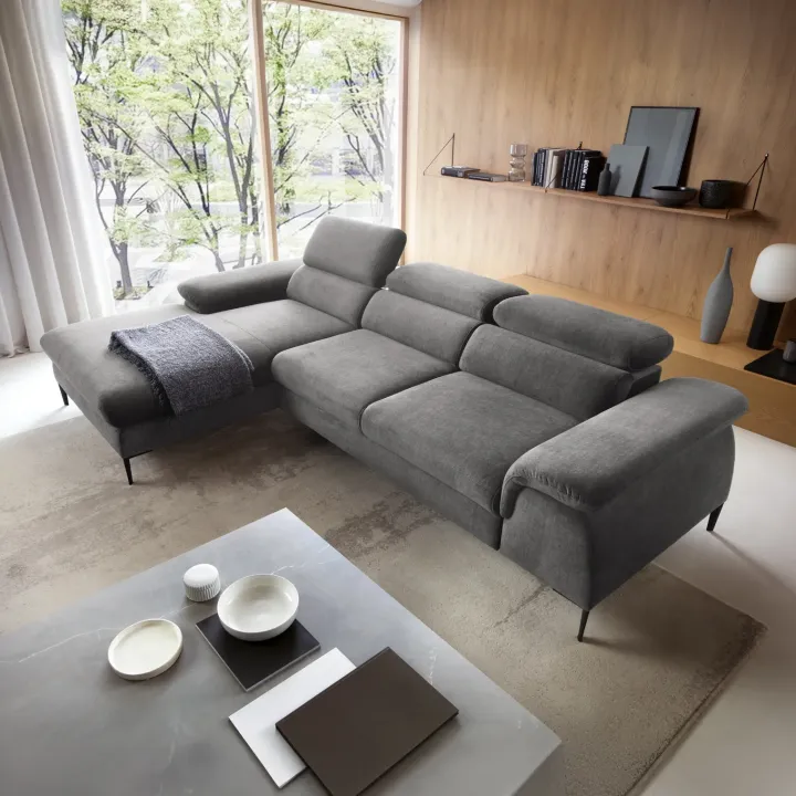 Divano letto regolabile angolare sinistra 4 posti 288x182cm tessuto grigio chiaro Loungey