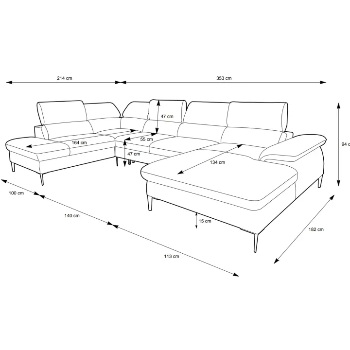 Divano letto regolabile angolare destro 5 posti 353x214cm tessuto blu Calmora