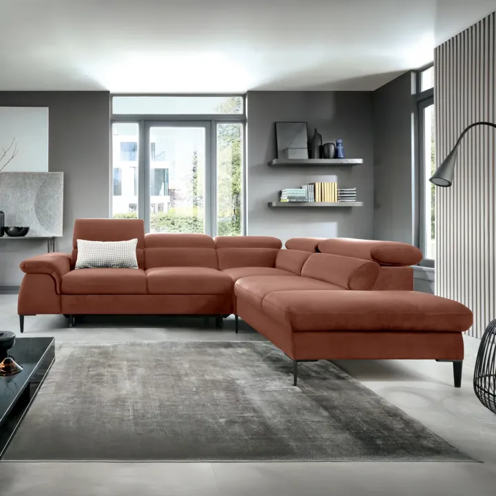 Divano letto regolabile angolare destra 5 posti 280x214cm tessuto arancio corallo Snuggity