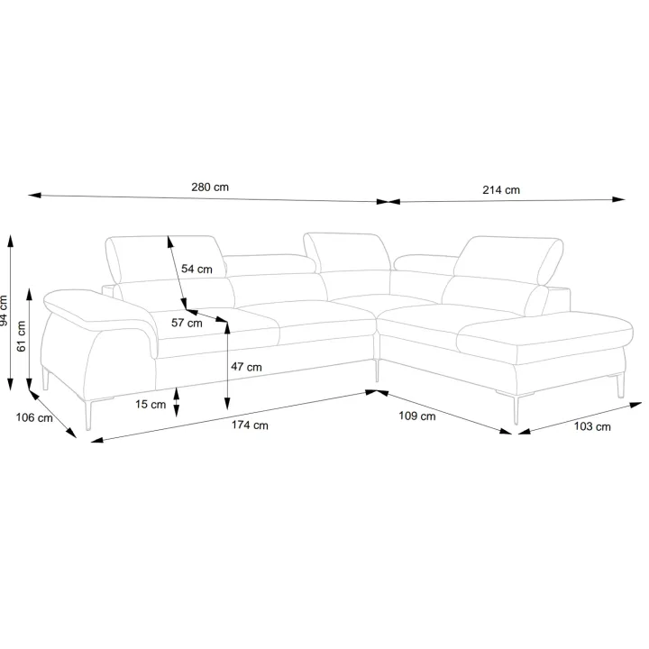 Divano letto regolabile angolare destra 5 posti 280x214cm tessuto grigio Snuggity