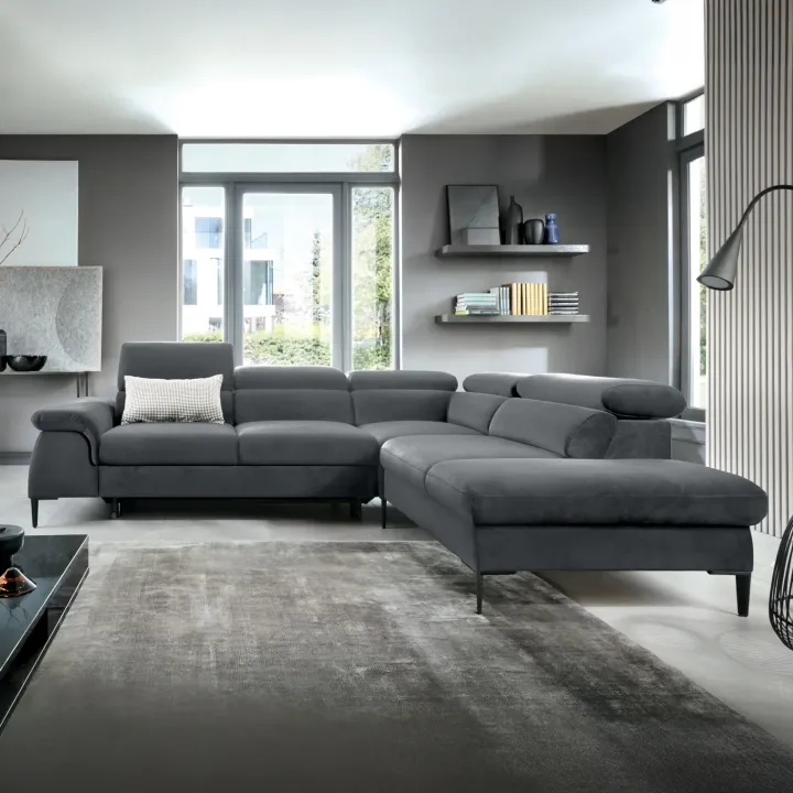 Divano letto regolabile angolare destra 5 posti 280x214cm tessuto grigio Snuggity
