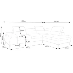 Divano letto regolabile angolare sinistra 5 posti 280x214cm tessuto grigio Snuggity