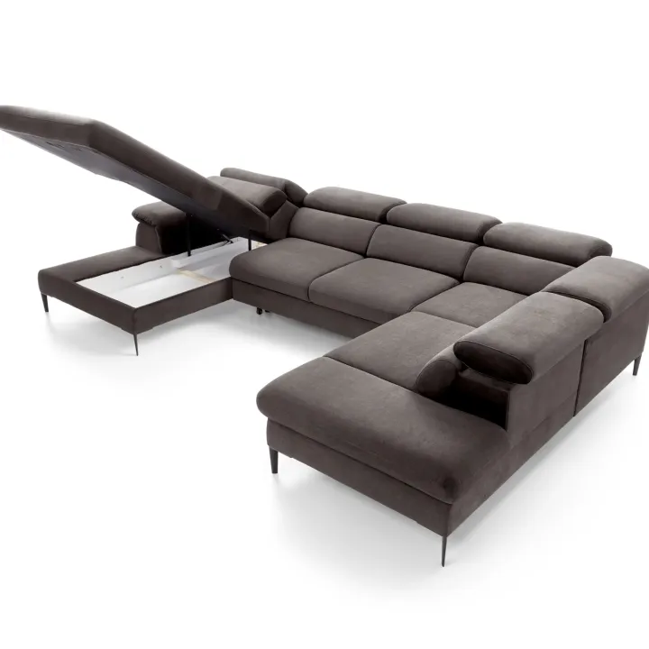 Divano letto regolabile angolare destro 5 posti 353x214cm tessuto tortora scuro Calmora