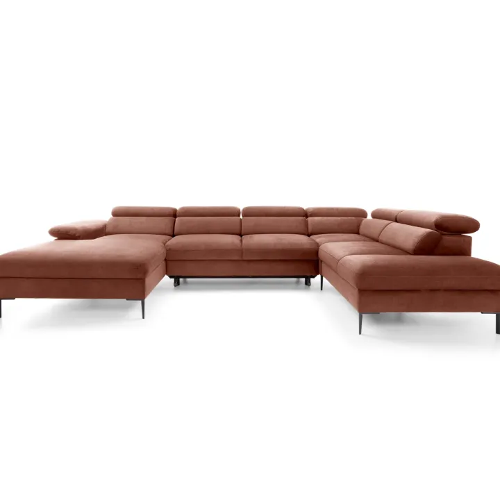 Divano letto regolabile angolare destro 5 posti 353x214cm tessuto arancio corallo Calmora