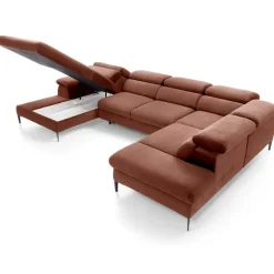 Divano letto regolabile angolare destro 5 posti 353x214cm tessuto arancio corallo Calmora