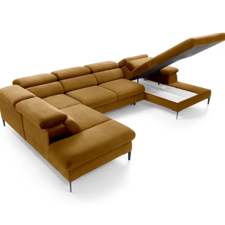 Divano letto regolabile angolare sinistro 5 posti 353x214cm tessuto giallo senape Calmora