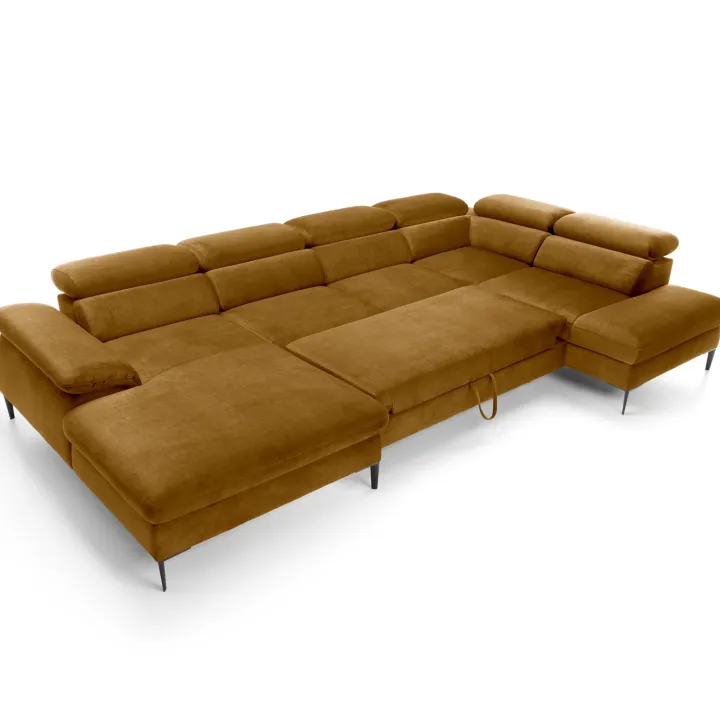 Divano letto regolabile angolare destro 5 posti 353x214cm tessuto giallo senape Calmora