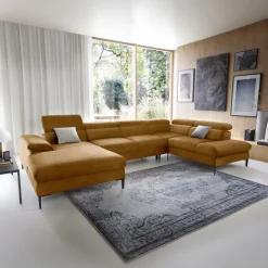 Divano letto regolabile angolare destro 5 posti 353x214cm tessuto giallo senape Calmora