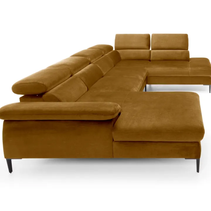 Divano letto regolabile angolare destro 5 posti 353x214cm tessuto giallo senape Calmora