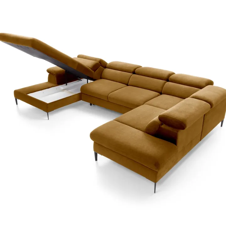Divano letto regolabile angolare destro 5 posti 353x214cm tessuto giallo senape Calmora