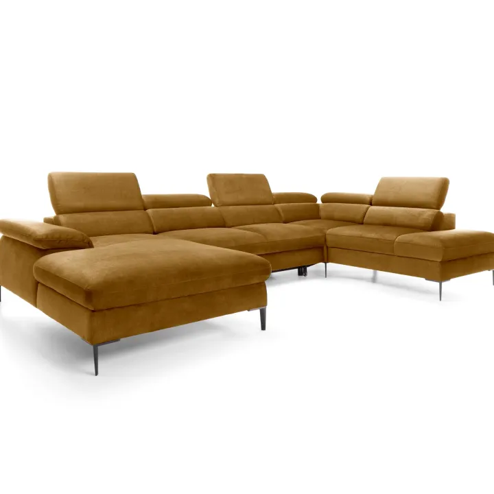 Divano letto regolabile angolare destro 5 posti 353x214cm tessuto giallo senape Calmora