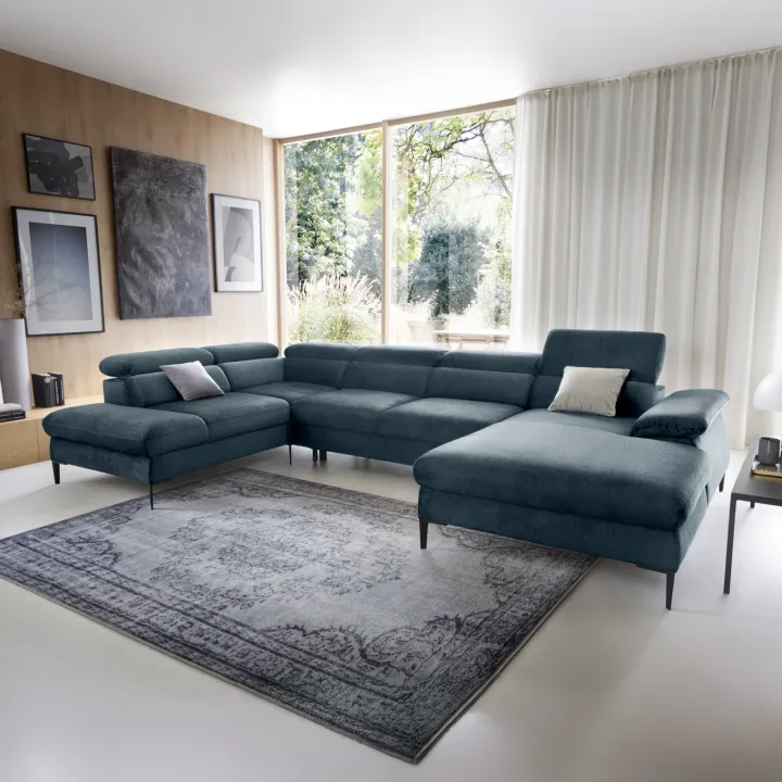 Divano letto regolabile angolare sinistro 5 posti 353x214cm tessuto azzurro Calmora