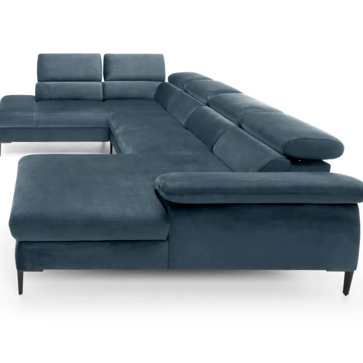 Divano letto regolabile angolare sinistro 5 posti 353x214cm tessuto azzurro Calmora
