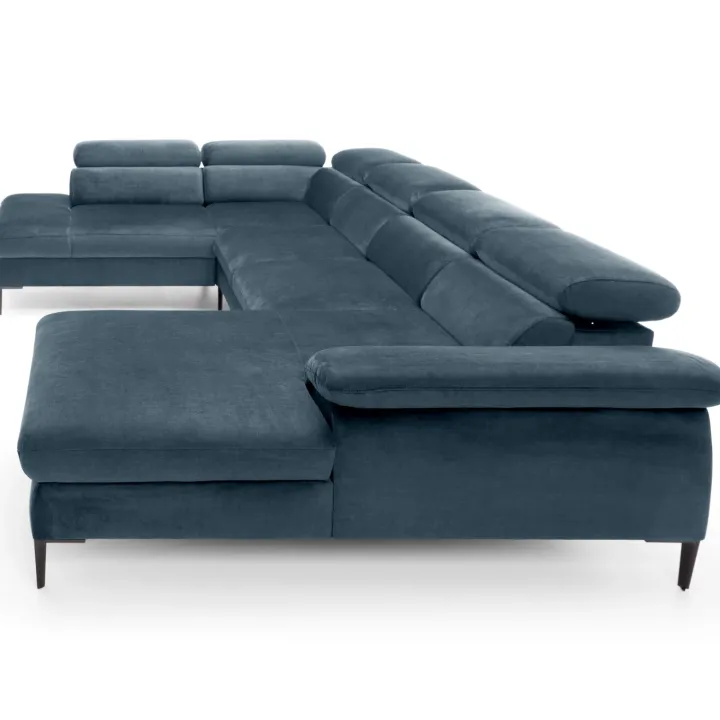 Divano letto regolabile angolare sinistro 5 posti 353x214cm tessuto azzurro Calmora