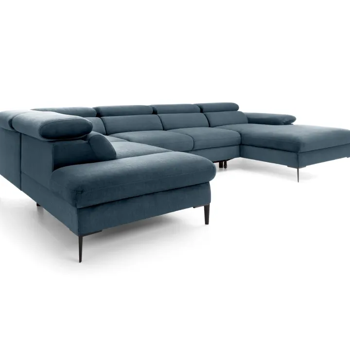 Divano letto regolabile angolare sinistro 5 posti 353x214cm tessuto azzurro Calmora