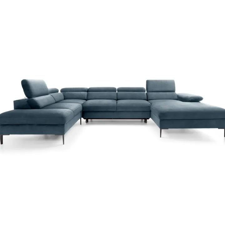 Divano letto regolabile angolare sinistro 5 posti 353x214cm tessuto azzurro Calmora