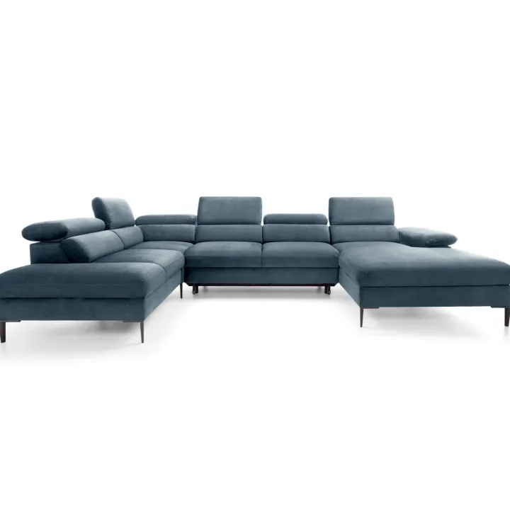 Divano letto regolabile angolare sinistro 5 posti 353x214cm tessuto azzurro Calmora