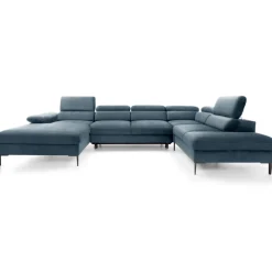 Divano letto regolabile angolare destro 5 posti 353x214cm tessuto azzurro Calmora